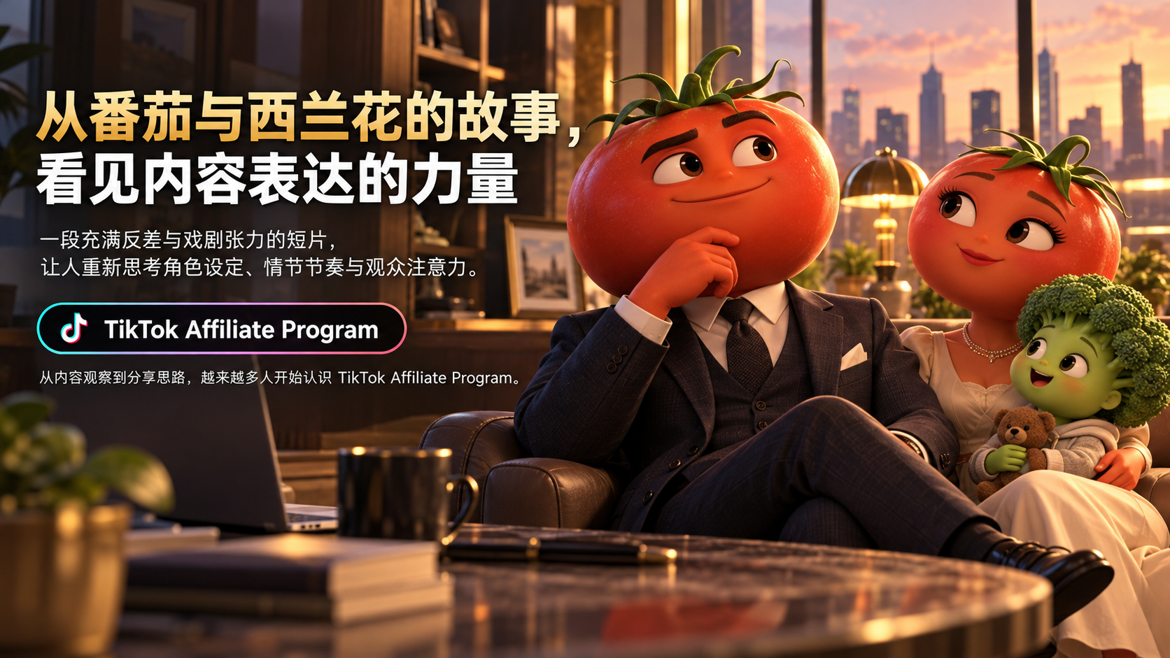 番茄与西兰花的创意故事主题图，包含 TikTok Affiliate Program 字样